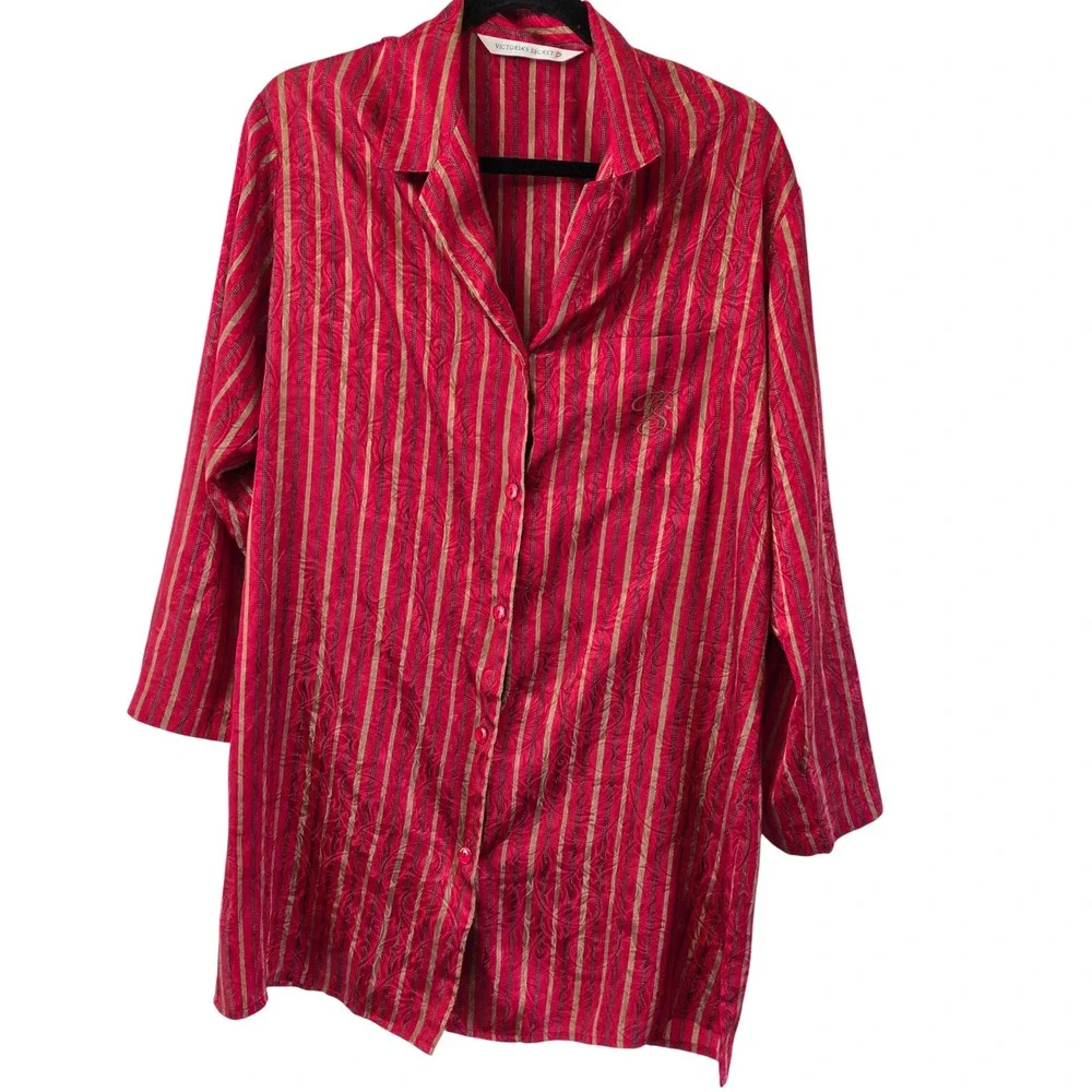 Victoria Secret Satin Jacquard Stripe‎ Sleep Shirt 3/4 Sleeve Small